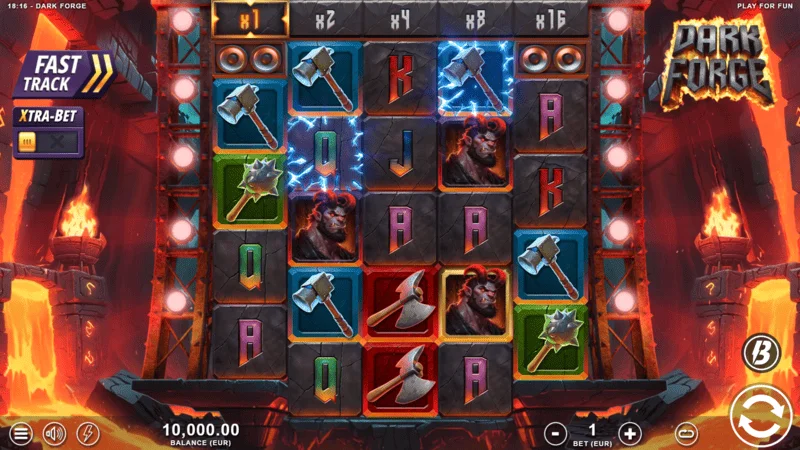 Dark Forge - écran de jeu principal avec une grille 4-5-5-5-4